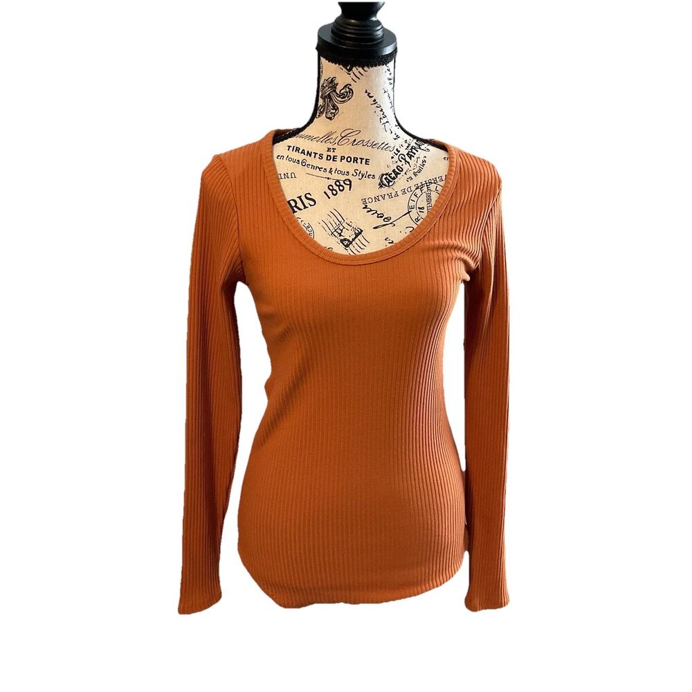 Culture Code Scoop Neck Shirt RIbbed Fitted Small Rust Camel New Stretch